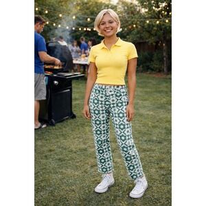 Pac Sun Hippy Daisy High Waisted Button Fly Green Straight Leg Denim Jeans Sz 27